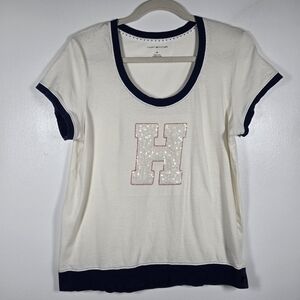 Vintage Y2K Tommy Hilfiger Big H Sequin Logo Top Preppy White Navy Size Medium